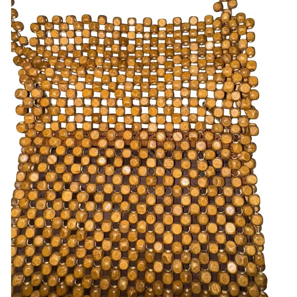 Wooden Beaded Crossbody Bag Purse Boho Hippie Granola Natural Textured‎ 7x7.5